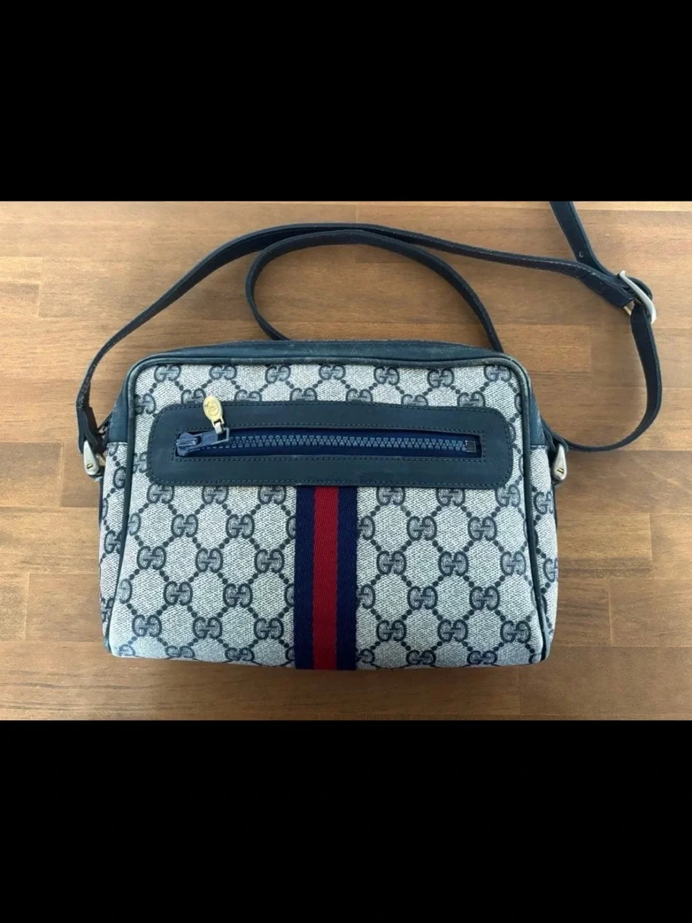 Gucci Beige Monogram Crossbody with Navy-Red Stripe